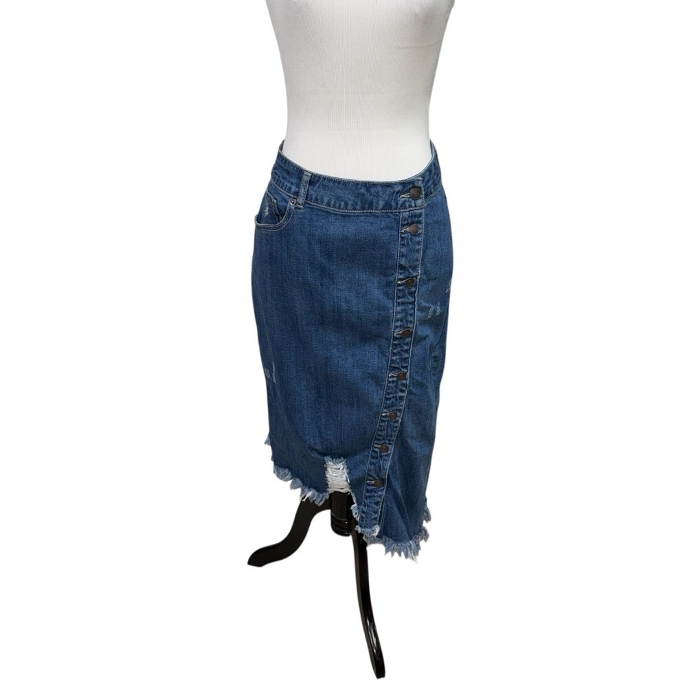 Est 1946 Denim Women's Size 8 Denim Midi Skirt Uneven Hemline Distressed Raw Hem